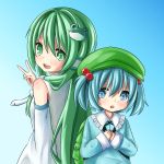  2girls back-to-back backpack bag blue_background blue_eyes blue_hair blush_stickers detached_sleeves dress frog_hair_ornament gradient gradient_background green_eyes green_hair hair_bobbles hair_ornament hair_tubes hands_on_own_chest hands_together hat highres kawashiro_nitori kochiya_sanae long_hair long_sleeves looking_at_viewer looking_over_shoulder multiple_girls open_mouth sabutarein short_hair simple_background snake_hair_ornament touhou twintails v 