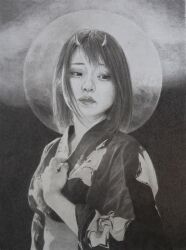  1girl absurdres asian black_background commentary_request graphite_(medium) greyscale highres japanese_clothes kimono medium_hair monochrome moon naohiro_ito original photorealistic realistic sash small_horns solo traditional_media 