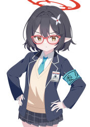  1girl :t absurdres abydos_high_school_logo armband ayane_(blue_archive) baozi_9527 black_hair black_jacket black_skirt blue_archive blue_armband blue_necktie braid commentary crown_braid glasses hair_ornament halo hands_on_own_hips highres jacket necktie pleated_skirt pointy_ears red_halo shirt short_hair simple_background skirt solo sweater_vest thighs v-shaped_eyebrows white_background white_shirt yellow_eyes yellow_sweater_vest 