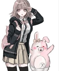 1girl breasts brown_hair brown_skirt collared_shirt commentary danganronpa_(series) danganronpa_2:_goodbye_despair diaper flipped_hair hair_ornament highres hood jacket long_sleeves looking_at_viewer medium_hair monomi_(danganronpa) nanami_chiaki neck_ribbon open_clothes open_jacket pink_eyes pink_ribbon pleated_skirt ribbon rom9461 shirt skirt smile symbol-only_commentary thigh-highs two-tone_shirt white_shirt 