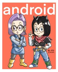  1boy 1girl :o android_17 android_18 android_18_(cosplay) bandana bandana_around_neck belt belt_buckle black_hair black_pantyhose blue_eyes blue_skirt blue_vest bob_cut brown_belt buckle commentary_request cosplay creator_connection crossed_arms denim denim_skirt denim_vest dr._slump dragon_ball dragon_ball_z earrings glasses hand_on_own_hip highres holster jeans jewelry norimaki_arale obotchaman open_mouth pants pantyhose pouch purple_hair red_bandana signature skirt vest violet_eyes widow's_peak yusuke_chun 