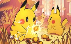  chestnut commentary_request cooking creature electricity food food_on_face forest gashi-gashi grass holding holding_food nature no_humans open_mouth outdoors pikachu pine_tree pokemon pokemon_(creature) sitting smile tongue tongue_out tree 