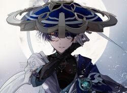  1boy anemo_symbol_(genshin_impact) aqua_gem armor asrhion black_bodysuit black_bridal_gauntlets blood blood_on_face blue_cape blue_hat blue_kimono blue_sleeves blunt_ends bodysuit bridal_gauntlets cape choppy_bangs commentary_request curled_fingers eyeliner fingernails full_moon furisode gem genshin_impact gold grey_eyes hand_up hat highres japanese_armor japanese_clothes jingasa juban kimono kote kurokote layered_sleeves looking_at_viewer makeup male_focus moon open_clothes open_kimono parted_lips pom_pom_(clothes) purple_hair purple_rope red_eyeliner rope scaramouche_(genshin_impact) short_sleeves shoulder_peek solo straight-on tsurime variant_set vision_(genshin_impact) wanderer_(genshin_impact) watermark white_kimono white_mouth white_sleeves white_trim 