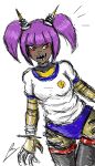  1girl alternate_costume antennae blush borockman buruma dark_skin gym_uniform mighty_no._3 mighty_no._9 purple_hair red_eyes robot robot_joints rough sharp_teeth short_hair short_twintails small_breasts solo thigh-highs twintails 