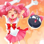  1girl ;d arms_up bishoujo_senshi_sailor_moon chibi_usa darax elbow_gloves gloves heart luna-p open_mouth pink_hair pink_skirt sailor_chibi_moon smile sparkle twintails wink 