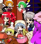  6+girls :&gt; :o alternate_hairstyle apron baking bat bat_wings blonde_hair blue_eyes blue_hair blush_stickers bowl braid brooch carrying clock fairy_maid fairy_wings fang flandre_scarlet flying food fruit full_moon grapes green_hair hand_on_own_face handsome_wataru hong_meiling indoors izayoi_sakuya jewelry kitchen kitchen_scale long_hair maid_headdress milk_carton mob_cap moon multiple_girls night no_hat open_mouth patchouli_knowledge puffy_short_sleeves puffy_sleeves purple_hair red_eyes redhead remilia_scarlet salt short_hair short_sleeves silver_hair smile spoon tenga tongue tongue_out touhou towel twin_braids typo window wings |_| 