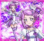  2girls arm_up arm_warmers boots bow brooch choker colorful cure_sword dokidoki!_precure dual_persona earrings hair_ornament hairpin hanzou jewelry kenzaki_makoto magical_girl multiple_girls precure purple_background purple_hair purple_legwear ribbon short_hair side_ponytail skirt smile spade sparkle standing_on_one_leg thigh-highs thigh_boots violet_eyes 