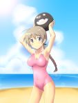  1girl 4wiw arms_up ball beach beachball blue_eyes braid brown_hair clouds highres holding long_hair looking_at_viewer lynette_bishop ocean one-piece_swimsuit single_braid sky smile solo strike_witches swimsuit water 