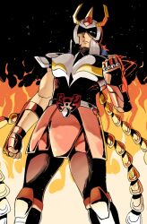  1boy armor armored_skirt blue_eyes blue_hair clenched_hand embers fake_horns feet_out_of_frame fire from_below full_body gold_armor grey_armor hand_up helmet highres horned_helmet horns long_hair looking_at_viewer looking_down male_focus multicolored_armor one_eye_in_shadow peacock_feathers phoenix_ikki pink_armor saint_seiya scar scar_on_face serious wanderjegson 