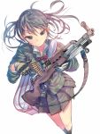  1girl bag black_hair blue_eyes blush bullet daito gloves gun original rifle school_bag school_uniform short_hair skirt sks solo weapon 