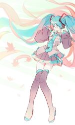 1girl aqua_belt aqua_eyes aqua_hair aqua_nails aqua_necktie aqua_trim belt black_boots black_skirt black_sleeves boots closed_mouth collared_shirt detached_sleeves floating_hair full_body grey_shirt hands_up hatsune_miku highres knees_together_feet_apart krlouvf leaf long_hair long_sleeves maple_leaf miniskirt necktie pleated_skirt shirt skirt sleeveless sleeveless_shirt smile solo thigh_boots tie_clip twintails very_long_hair vocaloid zettai_ryouiki 