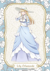  1girl blonde_hair blue_dress blue_eyes bow bowtie character_name closed_mouth commentary_request copyright_notice dress eris_no_seihai flower flower_request full_body gloves hat hat_flower highres lily_(flower) lily_orlamunde long_dress long_hair looking_at_viewer name_connection object_namesake official_art smile solo very_long_hair white_bow white_bowtie white_flower white_gloves 