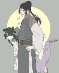  1boy 1girl absurdres black_hat black_robe blunt_bangs border bow-shaped_hair carrying carrying_under_arm chinese_clothes commentary_request cowboy_shot dated dress flats furrowed_brow green_dress green_hair grey_border grey_shoes hand_on_own_hip hat highres jinshi_(kusuriya_no_hitorigoto) kusuriya_no_hitorigoto light_blush maomao_(kusuriya_no_hitorigoto) open_mouth pink_eyes ponytail purple_hair robe shoes sidelocks sigh sweatdrop takehide updo wavy_mouth yellow_background 