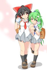  2girls arm_holding beckoning blush contemporary green_hair hair_ribbon hair_tubes hakurei_reimu highres kochiya_sanae kokujuuji multiple_girls ponytail red_eyes ribbon school_uniform smile touhou yuri 