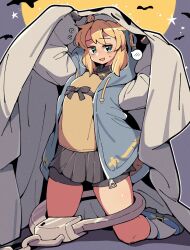  1boy arms_up bat_(animal) black_gloves black_skirt blonde_hair blue_jacket blush bridget_(guilty_gear) commentary_request double-parted_bangs fingerless_gloves flying_sweatdrops full_body gloves green_eyes guilty_gear guilty_gear_strive halloween hood hood_up hooded_jacket itsuka_neru jacket kneeling long_sleeves looking_at_viewer male_focus miniskirt moon night open_clothes open_jacket open_mouth outdoors sheet_ghost shirt short_hair single_handcuff skirt smile solo spoken_blush trap yellow_shirt 