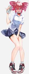  1girl ahoge alcohol asahi_breweries bare_arms bare_legs beer beer_can between_legs bike_shorts bike_shorts_under_skirt black_choker black_shorts blue_skirt blush breasts buttons can choker collarbone collared_shirt commentary_request dress_shirt drill_hair drink_can full_body grey_background grey_socks hair_between_eyes hair_flaps hand_between_legs highres holding holding_can hxk4_n kasane_teto looking_at_viewer medium_breasts miniskirt open_mouth plaid_clothes plaid_skirt pleated_skirt red_eyes red_hair ribbed_socks school_uniform shirt shoes short_hair short_sleeves shorts sidelocks simple_background sitting skirt smile sneakers socks solo teeth twin_drills twintails untucked_shirt utau white_shirt 