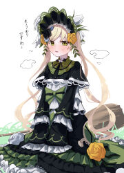  1girl absurdres black_flower black_rose blonde_hair bonnet broom commentary_request dress flower frilled_dress frills full_body grass green_bonnet green_eyes hair_flower hair_ornament highres lolita_fashion long_dress long_hair long_sleeves looking_at_viewer mahou_shoujo_no_majo_saiban open_mouth rose sitting sleeves_past_fingers sleeves_past_wrists solo sweatdrop takoyaki032002 tono_hanna translation_request twintails white_background white_flower white_rose yellow_flower yellow_rose 