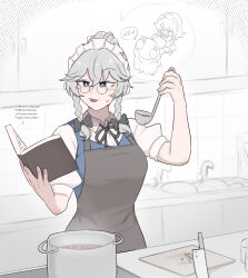  2girls alternate_hairstyle apron bespectacled black_bow black_ribbon blue_eyes book bow braid brown_apron collared_shirt commentary cooking cooking_pot cutting_board english_commentary glasses grey_hair hair_bun highres holding holding_book izayoi_sakuya kitchen knife long_hair maid maid_headdress mata_(matasoup) multiple_girls neck_ribbon open_mouth patchouli_knowledge puffy_short_sleeves puffy_sleeves reading ribbon round_eyewear shirt short_sleeves steam sweatdrop touhou twin_braids white_shirt 