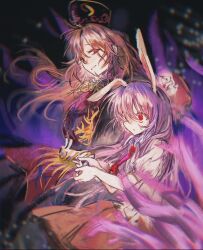  2girls aiming animal_ears artist_request belt black_background black_belt black_dress black_hat chinese_clothes collared_shirt commentary_request cowboy_shot crescent crescent_print dalachi_(headdress) dress empty_eyes energy fingernails floating_hair gun hair_between_eyes hair_over_one_eye hand_up handgun hat holding holding_gun holding_weapon junko_(touhou) long_fingernails long_hair long_sleeves looking_at_another lunatic_gun mandarin_collar multiple_girls nail_polish neck_ribbon necktie open_mouth orange_hair phoenix_print pink_skirt puffy_short_sleeves puffy_sleeves purple_hair rabbit_ears rabbit_girl red_eyes red_nails red_necktie red_tabard reisen_udongein_inaba ribbon shirt short_sleeves sidelocks simple_background skirt smile standing sweatdrop tabard teeth touhou very_long_hair weapon white_shirt wide-eyed wide_sleeves yellow_ribbon 