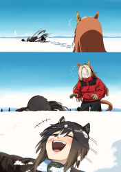  2girls absurdres animal_ears black_hair black_pants brown_gloves brown_hair closed_eyes commentary_request ear_covers ear_ornament footprints fur-trimmed_jacket fur_trim gloves highres horse_ears horse_girl horse_tail jacket laughing long_hair lying multicolored_hair multiple_girls on_back open_mouth oriental_art_(racehorse) pants rakugosha_(straggler_house) red_jacket snow stay_gold_(umamusume) streaked_hair tail umamusume white_hair 