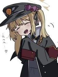  1girl :d ^_^ armband black_coat black_hat blonde_hair blue_archive blush bow closed_eyes coat commentary_request hat hat_bow highres ibuki_(blue_archive) long_hair long_sleeves masshutake open_clothes open_coat open_mouth purple_bow red_armband simple_background sleeves_past_fingers sleeves_past_wrists smile solo twintails upper_body white_background 