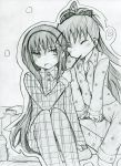  2girls akemi_homura blush graphite_(medium) hair_ribbon hairband long_hair mahou_shoujo_madoka_magica monochrome multiple_girls pajamas pocky polka_dot ponytail ribbon sakura_kyouko takeshisu traditional_media 