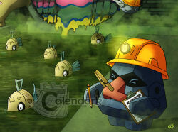  >_< alolan_muk artist_name clipboard closed_eyes clothes_pin commentary ditto english_commentary english_text feebas fish gas geodude grate hard_hat helmet highres holding holding_clipboard holding_pencil nosepass pencil pokemon pokemon_(creature) pokemon_focus red_nose sewer signature swimming thecalendork transformed_ditto water watermark yellow_helmet 