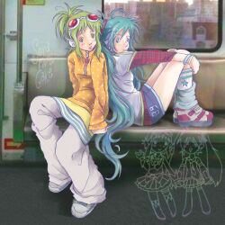  blue_eyes green_eyes green_hair gumi gumi_megpoid hatsune_miku miku orange_shirt pale_color pale_skin pigtails streetwear teal_hair vocaloid yuri 