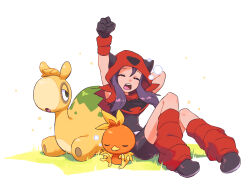  1girl absurdres arm_behind_head arm_up bird black_dress black_gloves black_hair closed_eyes commentary dress english_commentary fake_horns full_body gloves highres hood hood_up horned_hood horns leg_warmers long_hair numel on_grass open_mouth orisghost pencil_dress pokemon pokemon_(creature) pokemon_rse red_hood red_leg_warmers short_dress sitting sleeping solo squeans stretching team_magma team_magma_grunt team_magma_uniform waking_up yawning 