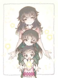  3girls age_progression brown_eyes brown_hair child commentary_request hino_miwa hug hug_from_behind long_hair multiple_girls multiple_persona nagi_(exsit00) parted_bangs short_hair simple_background smile soukyuu_no_fafner star_(symbol) twintails white_background 