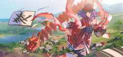  1girl artist_request black_hat bow building day floral_print frilled_shawl frilled_sleeves frills game_cg hagoromo hat hat_bow japanese_clothes kimono kite long_hair long_sleeves nagae_iku non-web_source official_art outdoors outstretched_arms pink_shawl print_kimono purple_hair red_bow red_eyes red_kimono river second-party_source shawl solo spread_arms touhou touhou_gensou_eclipse translation_request wide_sleeves 