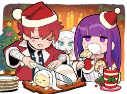  1boy 2girls aura_(sousou_no_frieren) bandaged_arm bandages blunt_bangs border candle capelet character-themed_food christmas_ornaments christmas_tree closed_eyes coat commentary_request cup cutting_board dress drooling eating fern_(sousou_no_frieren) food food_on_face frieren fur-trimmed_capelet fur_trim gashi-gashi green_eyes hair_between_eyes hat holding holding_knife hot_chocolate knife light_blush mistletoe mouth_drool multiple_girls party_hat purple_hair red_capelet red_coat red_hair santa_hat short_hair smile sousou_no_frieren stark_(sousou_no_frieren) twintails violet_eyes white_border white_dress white_hair 