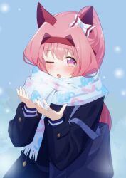  1girl absurdres animal_ears bag blue_coat blush bow breath buttons coat commentary_request double-breasted ear_bow ear_covers flower_in_eye freely2327 hairband haru_urara_(umamusume) headband highres horse_ears horse_girl long_hair looking_at_viewer one_eye_closed open_mouth pink_eyes pink_hair pink_headband ponytail red_headband scarf school_bag school_uniform solo symbol_in_eye tracen_school_uniform tracen_winter_coat umamusume winter_clothes winter_coat winter_uniform 