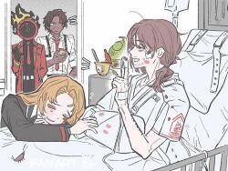  1girl 1other 2boys bed black_shirt bug cantaloupe cast clock coat cockroach collared_shirt commentary_request dante_(limbus_company) fire food fruit gold_trim gregor's_cockroach_(project_moon) gregor_(project_moon) heathcliff_(project_moon) hospital_bed hospital_gown indoors intravenous_drip iv_stand lapels limbus_company lipstick_mark low_ponytail melon multiple_boys notched_lapels object_head open_mouth ponytail project_moon pudding pulse_oximeter red_coat rodion_(project_moon) shirt smile tama_launcher 