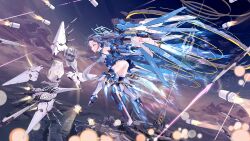  1girl absurdres aqua_halo aris_(blue_archive) aris_(mecha_suit)_(blue_archive) bare_shoulders black_hair blue_eyes blue_necktie commentary_request energy_gun flying forest_0 gloves gradient_sky halo highres leotard long_hair malkuth_(blue_archive) mecha_musume mechanical_legs mechanical_wings missile necktie official_alternate_costume outdoors rectangular_halo showgirl_skirt skirt sky solo thigh-highs thrusters twintails very_long_hair weapon wings 