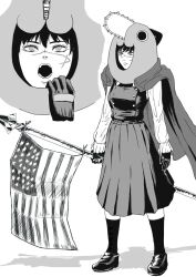  1girl american_flag breasts cape chainsaw_man character_hat commentary_request cross_scar dress flag greyscale hat highres holding holding_flag k.rikina loafers medium_breasts monochrome open_mouth pinafore_dress pleated_dress pochita_(chainsaw_man) ringed_eyes scar scar_on_cheek scar_on_face scar_on_nose shoes sleeveless sleeveless_dress socks yoru_(chainsaw_man) 