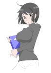  1girl ahoge black_hair blush book breasts brown_eyes glasses large_breasts looking_at_viewer open_mouth servant_x_service short_hair simple_background solo suzune_(smiley25) sweater yamagami_lucy 
