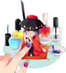  2girls blue_eyes bowl brush hat japanese_clothes kijin_seija kimono long_sleeves minigirl multiple_girls nail_polish painting_nails pillow shinmyoumaru_sukuna sitting smile touhou violet_eyes wan_mame wariza wide_sleeves 