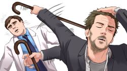  2boys adjusting_hair afterimage closed_eyes commentary_request facial_hair gregory_house hair_slicked_back hand_in_own_hair hand_on_own_head highres hitting house_m.d. james_wilson male_focus meme multiple_boys naoya_hitting_choso_without_looking_(meme) old old_man parody punching rapid_punches scene_reference smear_frame tarpun28 