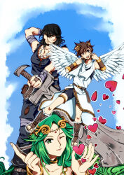  1girl 2boys angel angel_wings arm_behind_head beard bike_shorts black_hair brown_hair facial_hair green_eyes green_hair haniwa_(hnw) heart kid_icarus kid_icarus_uprising laurel_crown looking_at_viewer magnus_(kid_icarus) magnus_club_(kid_icarus) multiple_boys one_eye_closed palutena pit_(kid_icarus) wings 