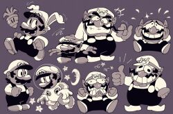  2boys bald clenched_teeth collage commentary english_commentary facial_hair gloves greyscale grin hat highres lumspark male_focus mario monochrome multiple_boys mustache short_hair simple_background smile spacesuit super_mario_bros. super_mario_land_2 teeth thumbs_up wario wario_land wario_land:_super_mario_land_3 