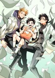  3boys :d absurdres areuwuu bandage_on_face bandages bandaid bandaid_on_arm bandaid_on_leg black_eyes black_hair black_shirt blonde_hair coat collared_shirt commentary dual_persona english_commentary falling_paper full_body grin hands_in_pockets highres hood hood_down hoodie kim_dokja knees_up lee_hakhyun looking_at_viewer multiple_boys oldest_dream omniscient_reader's_viewpoint open_clothes open_coat popped_collar purple_hoodie shirt shoes short_hair smile sneakers vest white_coat yellow_vest 