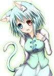  1girl animal_ears arm_behind_back blue_eyes blue_hair blush breasts cat_ears cat_tail clenched_hand cowboy_shot hand_on_own_chest hestia_(neko_itachi) heterochromia looking_at_viewer open_mouth red_eyes short_hair skirt solo tail tatara_kogasa touhou vest 