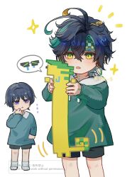  2boys aged_down ajaw_(genshin_impact) black_hair black_shorts blonde_hair blue_eyes blush commentary_request earrings genshin_impact green_eyes green_hair green_headband green_shirt headband highres hood hoodie jewelry kinich_(genshin_impact) long_sleeves male_focus multicolored_hair multiple_boys open_mouth scaramouche_(genshin_impact) shirt short_hair shorts skg_g streaked_hair wanderer_(genshin_impact) white_hoodie 