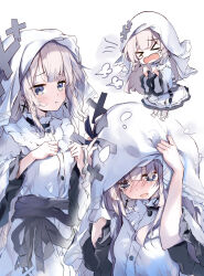  >_< 1girl 5nikorai :t absurdres blue_eyes blush brown_hair chibi chibi_inset commentary_request cross cross_earrings dot_nose dress earrings frilled_dress frills hair_between_eyes hands_on_own_hips highres hikami_meruru jewelry long_hair long_sleeves looking_to_the_side mahou_shoujo_no_majo_saiban multiple_views navel open_mouth simple_background sparkle surprised tearing_up upper_body veil visible_air white_background white_dress white_veil 
