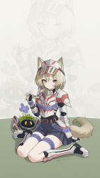  1girl absurdres alternate_costume animal_ear_fluff animal_ears arknights armor artist_name beanstalk_(arknights) belt black_gloves black_skirt blush braid brown_belt brown_hair brown_tail chinese_commentary closed_mouth commentary_request domesticated_metal_crab_(arknights) fingerless_gloves flower full_body gloves hair_lift hair_ribbon highres jiuyu_qame long_hair looking_at_viewer monster_hunter_(series) pauldrons pleated_skirt purple_flower purple_ribbon red_eyes ribbon shoulder_armor sitting skirt smile solo tail vambraces wariza zoom_layer 