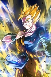  1boy absurdres amputee aura battle_damage blonde_hair blue_sash blue_shirt commentary_request cowboy_shot dougi dragon_ball dragon_ball_z electricity highres kanaetecho male_focus muscular muscular_male orange_pants orange_shirt pants sash scar scar_across_eye scar_on_face shirt short_hair solo son_gohan son_gohan_(future) spiky_hair super_saiyan super_saiyan_2 torn_clothes torn_shirt 