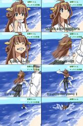  1boy 1girl admiral_(kantai_collection) beach detached_sleeves double_bun fallen_down falling hair_ornament hairband headgear japanese_clothes kantai_collection kongou_(kantai_collection) long_hair long_sleeves ocean parody personification smile tagme translated water wide_sleeves 