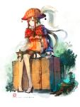  1girl bicorne boots brown_hair buckle capelet cat cat_on_lap collar feathers green_eyes handle hat hat_feather ivy kiryuu_tsukasa_(citrocube) long_hair luggage moss original payot rolling_suitcase signature sitting_on_object sleeves_past_wrists strap stump thigh-highs thigh_boots traveler_(citrocube) tree very_long_hair watermark web_address white_boots 