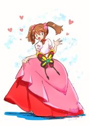  1girl :d blue_eyes bow braid brown_hair commentary_request dress full_body hair_between_eyes hair_bow heart highres hsym_2323 looking_at_viewer looking_back may_(pokemon) official_alternate_costume official_alternate_hairstyle pink_dress pokemon pokemon:_lucario_and_the_mystery_of_mew pokemon_(anime) pokemon_rse_(anime) puffy_short_sleeves puffy_sleeves red_bow short_sleeves skirt_hold smile solo twin_braids twintails 